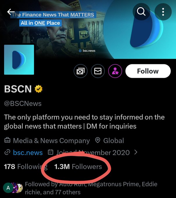 A screenshot of the BSCN (@BSCNews) Twitter/X profile, showing 1.3M followers circled in red, highlighting the crypto news account as a potential platform for amplifying the "$lunc #GreenpeaceUNITED" message.