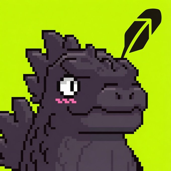 A pixelated Godzilla with a stock ticker arrow rising from its head against a bright green background, symbolizing the volatile and explosive trading opportunities mentioned in the post.