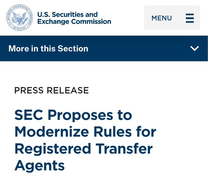 A screenshot of a press release from the U.S. Securities and Exchange Commission with the headline 'SEC Proposes to Modernize Rules for Registered Transfer Agents'.