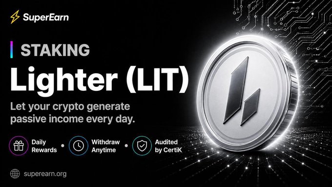 A SuperEarn advertisement promoting crypto staking for "Lighter (LIT)," with the tagline "Let your crypto generate passive income every day," highlighting features like "Daily Rewards," "Withdraw Anytime," and "Audited by CertiK," with the website superearn.org.