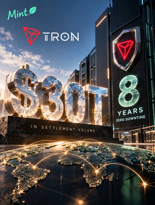 The image showcases a futuristic promotional graphic featuring the TRON network's $30T in settlement volume and 8 years of zero downtime, with a glowing world map symbolizing global reach. It visually supports the post's "odometer vs speedometer" analogy by emphasizing cumulative lifetime transfer volume rather than current speed.