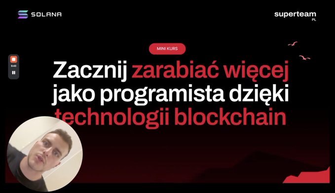 Promotional graphic for a Solana mini-course titled 'Zaczniij zarabiać więcej jako programista dzięki technologii blockchain' (Start earning more as a programmer thanks to blockchain technology), featuring Solana and Superteam PL branding with a young man's photo.