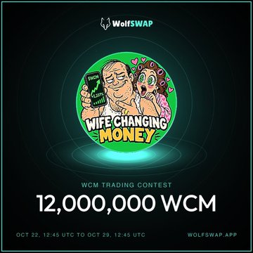 A WolfSwap promotional poster shows cartoon characters and the phrase “WIFE CHANGING MONEY,” advertising a “WCM TRADING CONTEST” prize of “12,000,000 WCM.”