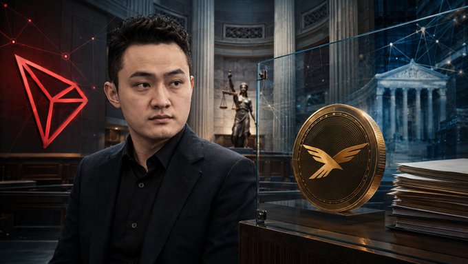A young Asian man in a dark suit stands in a courtroom setting with a Lady Justice statue and columns behind him, next to a large gold coin featuring a bird logo, with a red TRON (TRX) logo on the left.