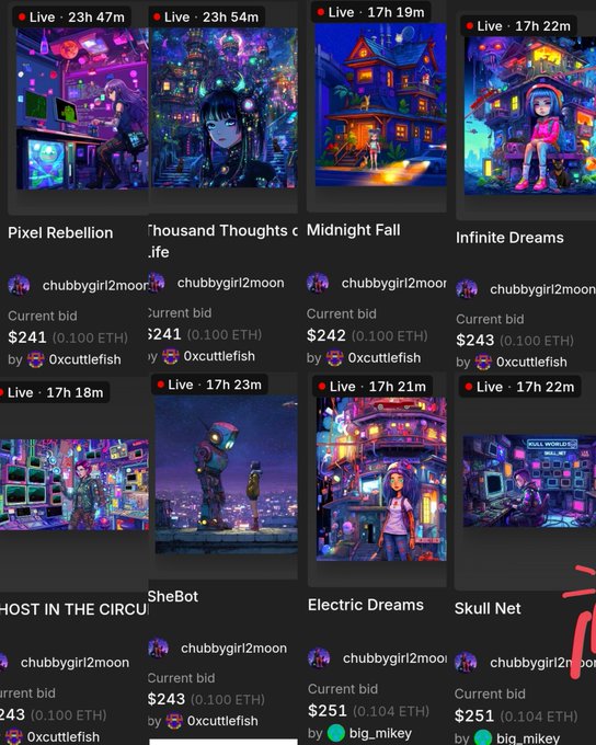 An NFT marketplace screenshot displaying live auctions by user 'chubbygirl2moon' with works titled 'Pixel Rebellion,' 'A Thousand Thoughts of Life,' 'Midnight Fall,' 'Infinite Dreams,' 'Ghost in the Circuit,' 'SheBot,' 'Electric Dreams,' and 'Skull Net,' with current bids ranging from $241-$251 in ETH.