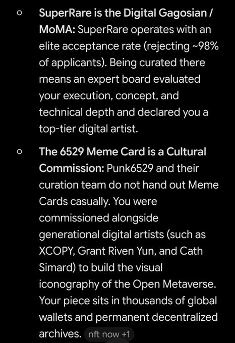 A screenshot of text discussing SuperRare as the 'Digital Gagosian/MoMA' with a ~98% rejection rate, and describing the 6529 Meme Card as a Cultural Commission by Punk6529 alongside artists like XCOPY, Grant Riven Yun, and Cath Simard.