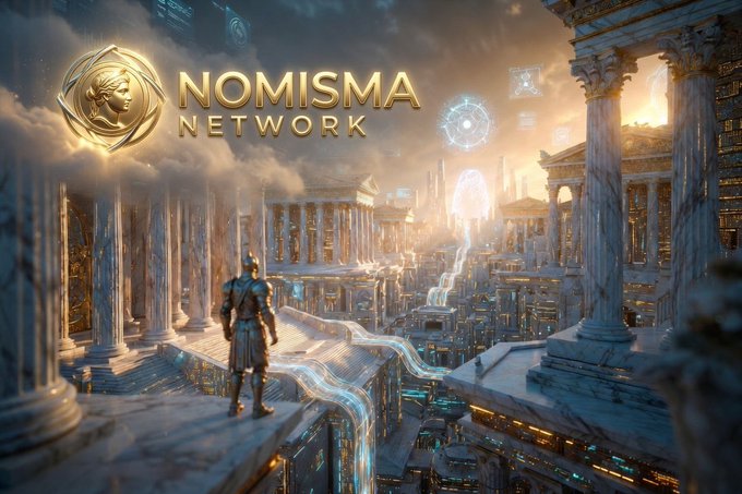 A fantasy digital artwork for the 'NOMISMA NETWORK' featuring a Roman soldier overlooking an ancient, futuristic city blending classical architecture with glowing energy streams.