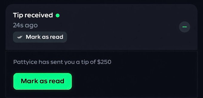 The image shows a notification card stating "Tip received" with a green indicator, noting that "Pattyice has sent you a tip of $250," along with a timestamp of "24s ago" and a green "Mark as read" button. This appears to be evidence supporting the accompanying post's claim of distributing $250 to followers, showing one of the tips received in response to the giveaway request.