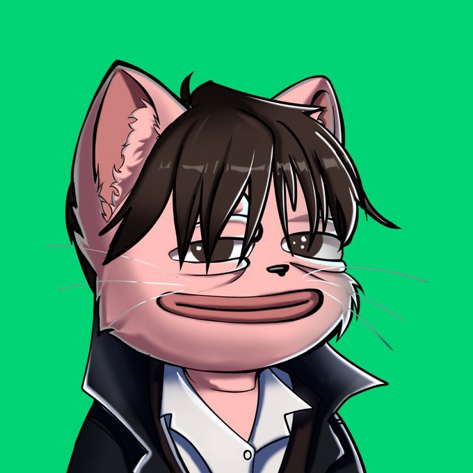 Chibi-style cartoon character with cat ears, brown hair, and a slight smirk, wearing a black jacket over a white shirt against a green screen background.
