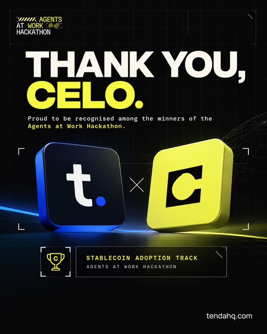 A promotional graphic reading 'THANK YOU, CELO. Proud to be recognised among the winners of the Agents at Work Hackathon.' featuring the tendahq and CELO logos and noting the 'STABLECOIN ADOPTION TRACK' award, with tendahq.com at the bottom.