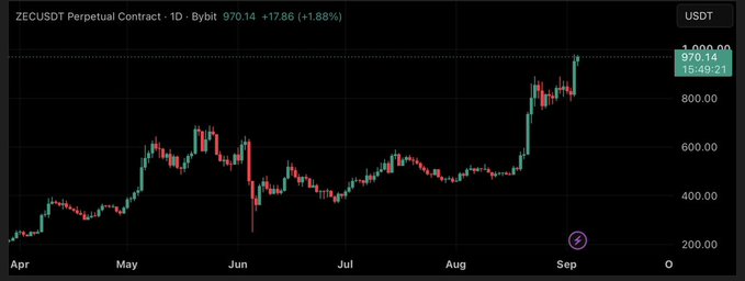 A daily candlestick chart of the **ZECUSDT Perpetual Contract on Bybit** shows Zcash (ZEC) trading at **970.14 USDT**, up **+17.86 (+1.88%)**, with the price having climbed sharply from around $200 in early April to nearly $1,000 by early September — visually supporting the post's claim of a massive ~25x (~2,400%) gain for ZEC over the past year.
