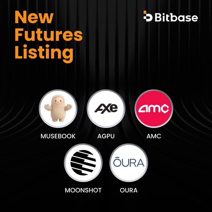 A promotional graphic for Bitbase announces "New Futures Listing" featuring five coins displayed in circular icons—MUSEBOOK, AGPU, AMC, MOONSHOT, and OURA—corresponding to the new USDT trading pairs available starting at 08:00 am UTC on Sep 24, 2026.