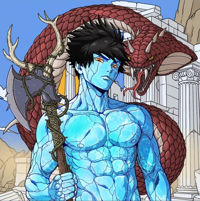 An anime-style illustration of a blue, cracked stone-skinned male figure holding an axe, with a large red serpent coiled behind him against a backdrop of classical Greek columns.