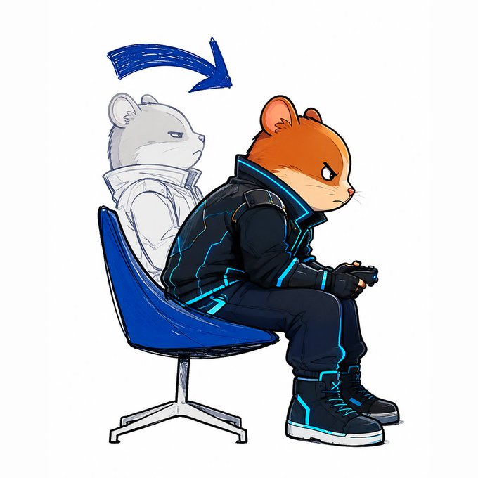 An orange mouse character in a black and neon blue futuristic outfit with glowing accents sits on a blue chair, holding a game controller, while a sketch of a white mouse appears behind them with a blue arrow pointing forward, suggesting a transformation or focus on Hamieverse. The image visually represents being "locked in" through the character's intense gaming posture and the arrow directing attention toward the Hamieverse brand.
