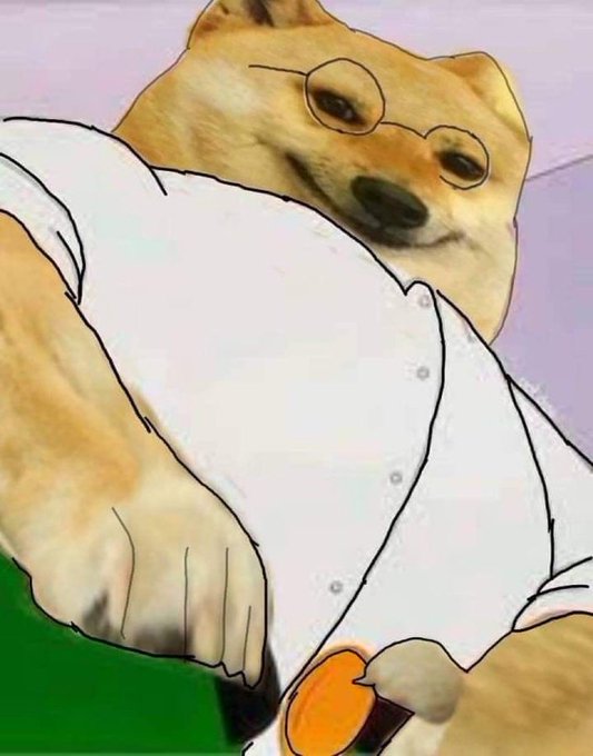 A humorous internet meme showing a Shiba Inu dog edited to look like an anime character with glasses, wearing a white shirt and holding an orange.