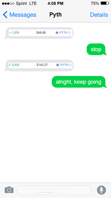 A text message conversation with 'Pyth' showing received transfers of +2,000 and +3,000 PYTH tokens, followed by 'stop' and 'alright, keep going' replies.