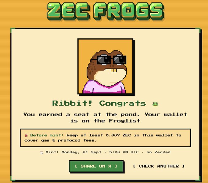 A 'ZEC FROGS' NFT mint confirmation page featuring a pixel-art frog with sunglasses, congratulating the user with 'Ribbit! Congrats' and noting mint details for Monday, 21 Sept at 5:00 PM UTC on ZecPad.