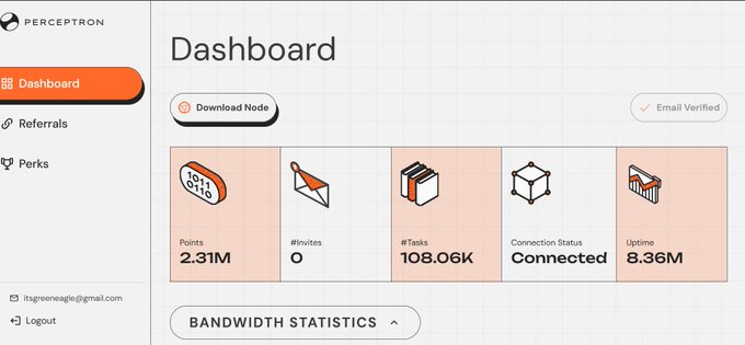 Screenshot of the Perceptron Dashboard showing user statistics including Points 2.31M, #Invites 0, #Tasks 108.06K, Connection Status 'Connected,' and Uptime 8.36M.