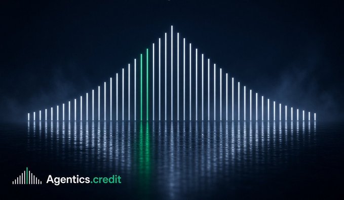 A promotional graphic for 'Agentics.credit' featuring vertical light bars forming a mountain shape with reflections.