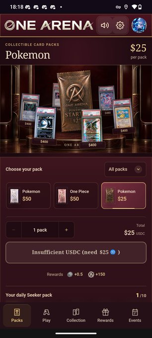 A screenshot of the 'One Arena' mobile app showing a Pokemon collectible card pack for $25, with an 'Insufficient USDC' error message and navigation tabs for Packs, Play, Collection, Rewards, and Events.