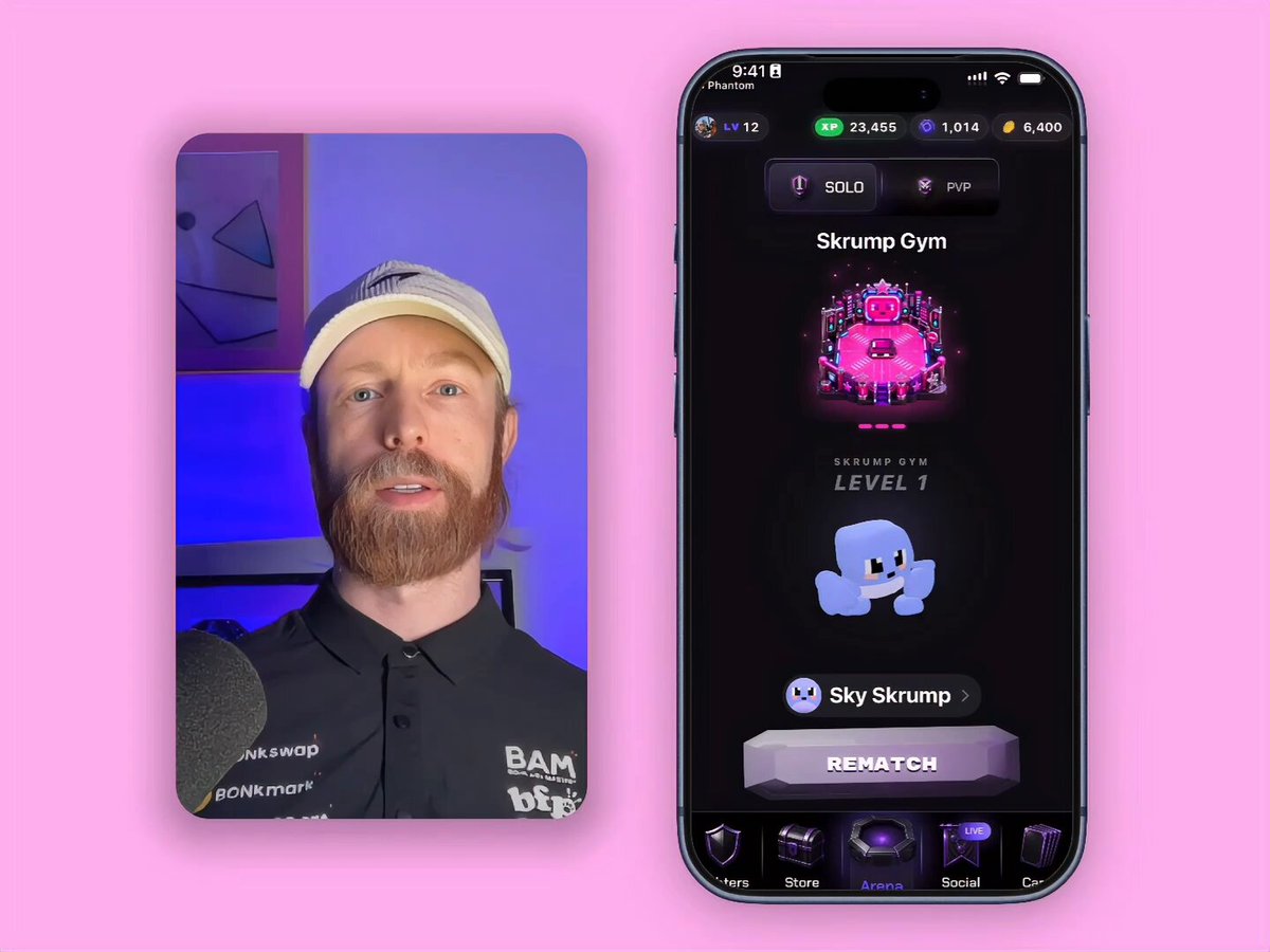 The image features a man wearing a baseball cap, standing next to his phone which displays an app called "skystrumpt gym". The man appears to be taking a picture of himself using the app's camera feature. The background of the photo is pink with a purple border and a white frame around it.