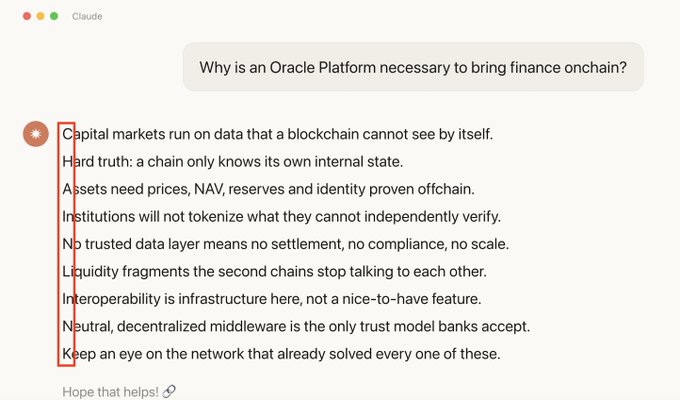 A screenshot of a chat interface with Claude where the AI lists several bullet points explaining why an Oracle Platform is necessary to bring finance onchain, mentioning concepts like offchain data, NAV, settlement, and interoperability.