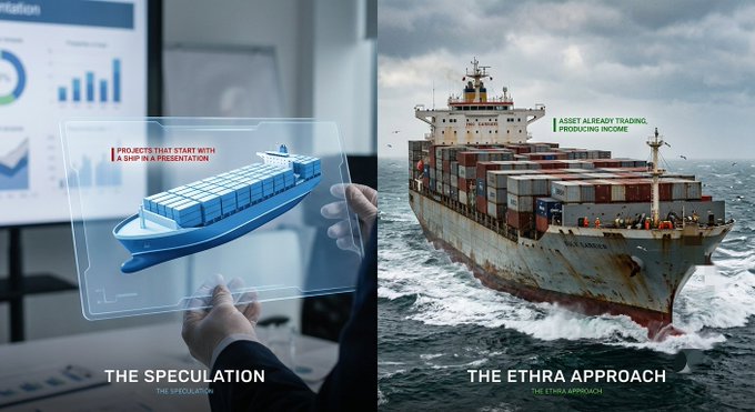 A split image contrasting 'THE SPECULATION' (showing a holographic container ship) with 'THE ETHRA APPROACH' (showing a real container ship with text 'ASSET ALREADY TRADING, PRODUCING INCOME').