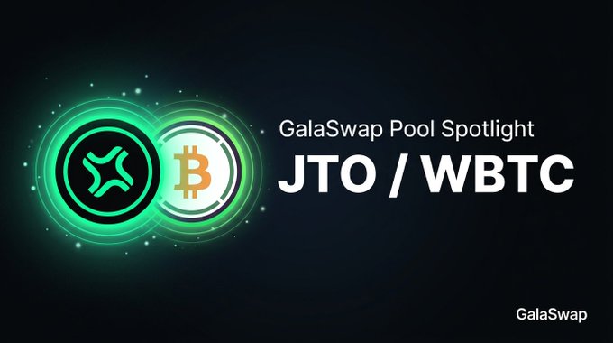 A promotional graphic for GalaSwap's Pool Spotlight highlighting the JTO/WBTC trading pair, featuring stylized green and orange cryptocurrency coin icons against a dark background with the text "GalaSwap Pool Spotlight JTO/WBTC" displayed prominently.