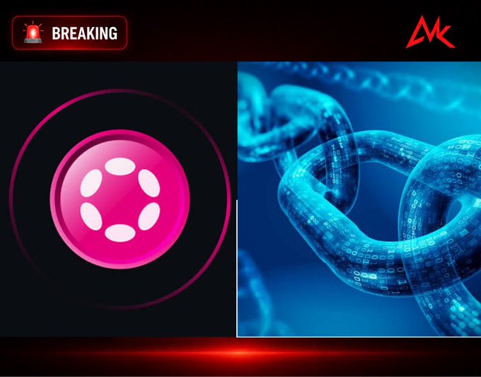 A "BREAKING" news graphic features the pink Polkadot logo alongside a blue digital chain visualization, illustrating a story reporting that Polkadot leads as crypto's most decentralized network with a Nakamoto coefficient of 166, far ahead of competing blockchains according to the Chainspect dashboard.