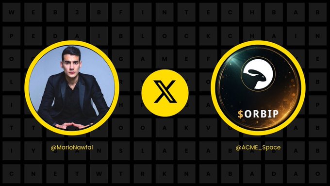A promotional graphic announces an upcoming X (Twitter) Spaces conversation between host @MarioNawfal and @ACME_Space, featuring circular portraits of a man in a dark blazer and the $ORBIP logo against a grid of letters spelling "WEB3 BLOCKCHAIN" and "GAMEFI." The image relates to the post by teasing the live episode where ACME_Space will discuss bringing its NASA-recognized Orbital Pharma Foundry onchain.