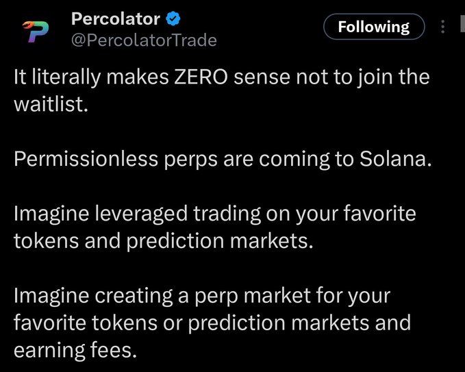 The image shows an advertisement or announcement related to the Percolator trading platform. It has information about joining the platform's waiting list, the platform is built using a new technology called PercolatorTrade, and there might be potential rewards for joining. The text in the image focuses on the concept of Percolator trade and mentions that investors should consider investing in this platform if they find it interesting or valuable.