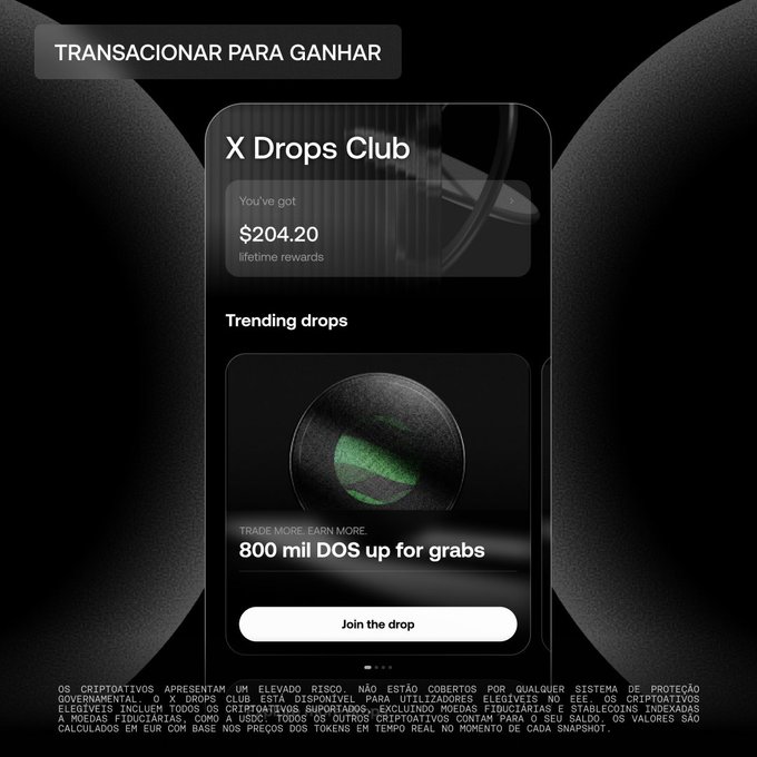 A mobile app screen titled "X Drops Club" showing lifetime rewards of $204.20, with a "Trending drops" section offering "800 mil DOS up for grabs" and a "Join the drop" button, under a "TRANSACIONAR PARA GANHAR" header and Portuguese disclaimer about cryptocurrency risks.