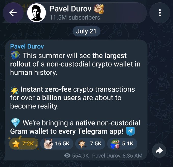 The image shows a Telegram post by Pavel Durov (11.5M subscribers) dated July 21, announcing the rollout of a non-custodial crypto wallet to over a billion users, with instant zero-fee transactions and a native Gram wallet feature. The post has 554.9K views and significant engagement (7.2K stars, 16.5K doge reactions, 7.5K comments, 5.1K frog reactions), directly supporting the claim that $GRAM will lead the bull run by demonstrating massive potential adoption of Telegram's native cryptocurrency.