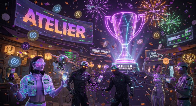 The image features a group of people standing around, with one person holding a trophy that says "@useAtelier" written on it. The scene takes place at an event where there are fireworks in the background, creating a festive atmosphere. A few people can be seen wearing masks and holding game controllers, suggesting they might have been playing a video game or participating in some sort of interactive activity during the event.