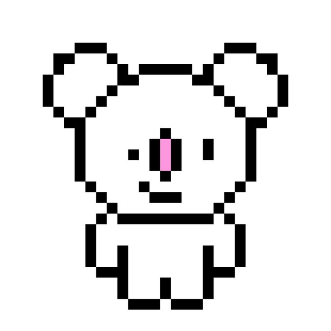 A simple black-and-white pixel art drawing of a bear-like character with round ears, a pink nose, and no clothing.
