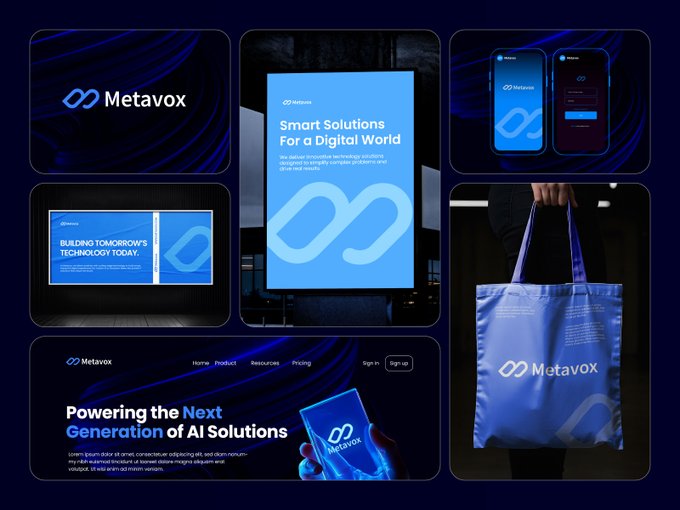 A brand identity presentation for 'Metavox' featuring a blue color scheme, showcasing a logo, mobile app screens, a tote bag, and a website mockup with the tagline 'Smart Solutions For a Digital World' and 'Powering the Next Generation of AI Solutions'.