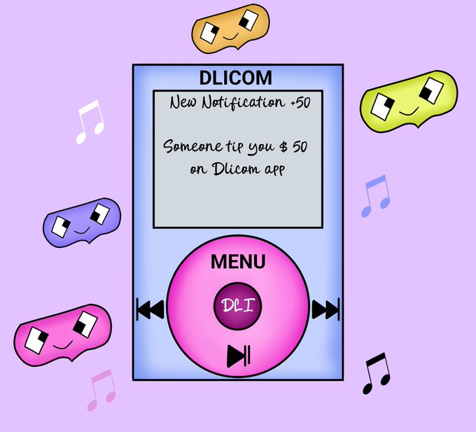 The image features a cartoon-like scene with a pink iPod displaying a message from Dlicom, an app development company. The app is offering 50 new notifications for $50 per user. The messages are related to music streaming services such as the Dlicom app and are accompanied by illustrations of musical notes and an iPod icon on the iPod screen. There's also a photo of a green music note with "Dlicom" written above it, suggesting that someone has posted about this offer before. The message reads: "New Notification #50 New Notifications - $50 Per User". This post seems to be in response to a previous one or social media interaction where users shared their content and received the notification from Dlicom app.