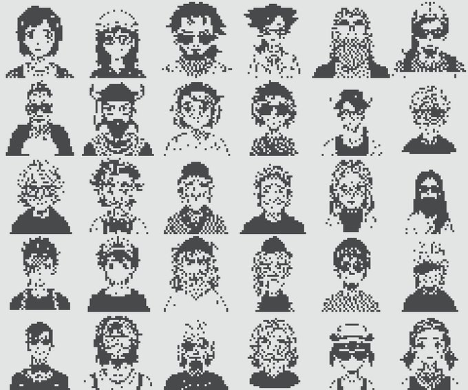 A collection of 30 monochrome pixel art character portraits arranged in a grid on a light blue background.