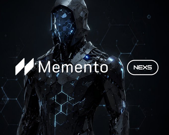 A promotional graphic for 'Memento' featuring a dark futuristic armored figure with blue glowing accents, displayed alongside the 'NEXS' logo on a hexagonal-patterned background.