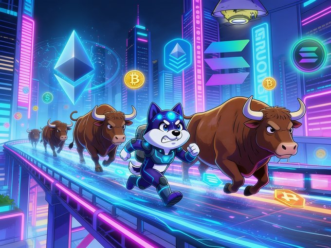 A neon cyberpunk-style digital illustration featuring a Shiba Inu character running alongside charging bulls, with Ethereum and Solana logos floating in a futuristic cityscape.