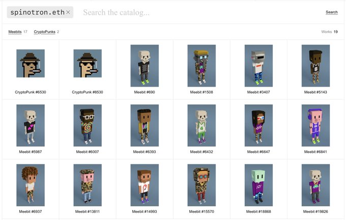 A catalog page from spinotron.eth displaying a grid of 19 pixel-art NFTs, primarily Meebits (numbered like #690, #1508, #3407) with two CryptoPunks (#6530 and #8530) shown on the left.