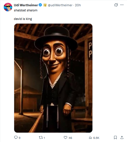 A Twitter/X post by Udi Wertheimer saying 'shabbat shalom david is king' with an image of a Hasidic-style character styled like Woody Woodpecker.