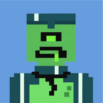 A pixel-art style illustration of a green-skinned figure with a flat-top haircut wearing dark armor or clothing against a blue background.