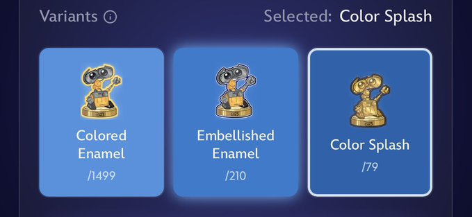 A digital interface displaying three collectible figurine variants: 'Colored Enamel' (/499), 'Embellished Enamel' (/210), and the selected 'Color Splash' (/79), all featuring a small golden character figurine.