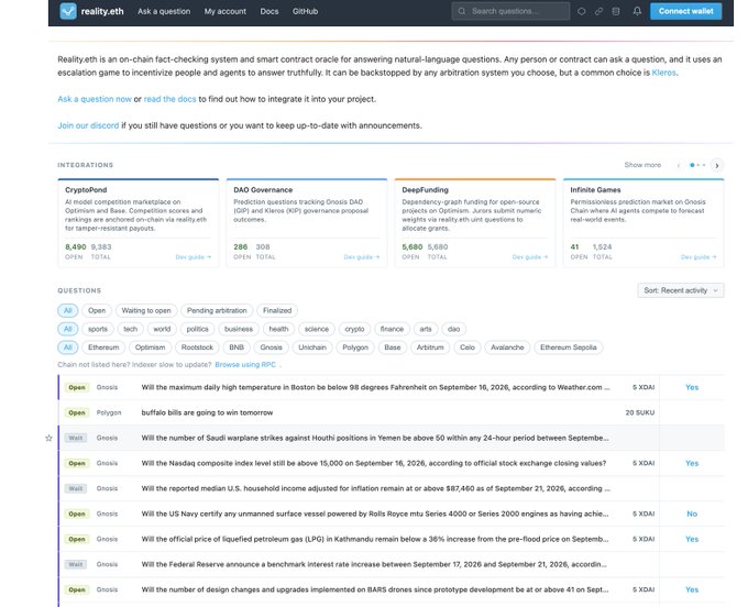 A screenshot of the reality.eth website showing it as an on-chain fact-checking system and smart contract oracle, displaying integrations like 'CryptoPond', 'DAO Governance', 'DeepFunding', and 'Infinite Games' along with a list of prediction questions.