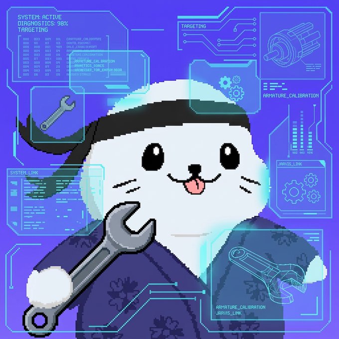 A pixel art illustration of a cute white seal character with a pink tongue wearing a headband, surrounded by a blue holographic HUD interface displaying system diagnostics, armature calibration, and JARVIS LINK targeting information.