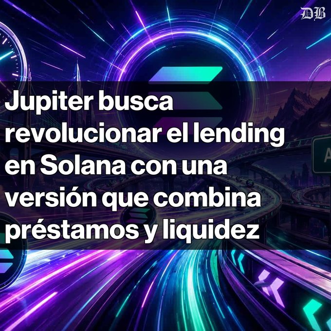 A Spanish-language graphic with a futuristic neon highway background and the Solana logo, with text reading 'Jupiter busca revolucionar el lending en Solana con una versión que combina préstamos y liquidez'.