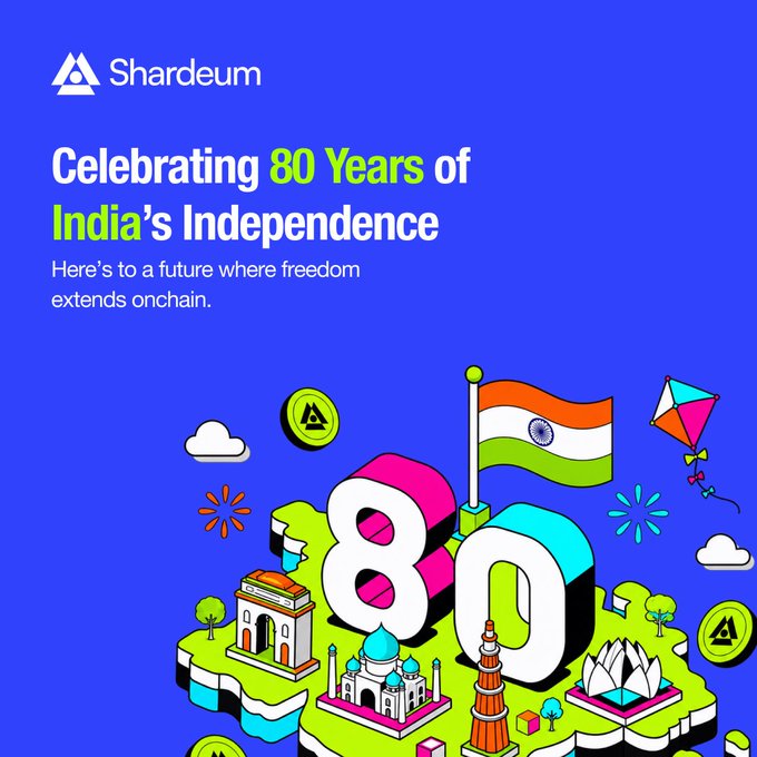 A Shardeum promotional graphic celebrating 80 years of India's Independence, featuring colorful isometric illustrations of iconic monuments like India Gate, the Taj Mahal, and Qutub Minar alongside an Indian flag and the number "80," with the tagline "Here's to a future where freedom extends onchain." The festive design ties India's Independence Day celebration to Shardeum's vision of blockchain-enabled freedom.