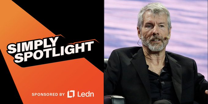 This image features Michael Saylor, alongside a graphic that reads "SIMPLY SPOTLIGHT" and is "SPONSORED BY Ledn." The image relates to the post by highlighting Saylor, the central figure in the text about his Bitcoin purchasing habits.