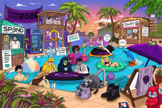 The image is a vibrant illustration promoting "Solana Summer 2026," featuring a lively pool party scene with characters relaxing, a raccoon holding a handbag, and various booths labeled "SP3ND Shop, Travel, Collect," "DRiP," "Solana Summer House," and "Claude's Coconut Hut." The festive atmosphere and Solana branding tie into the post's celebration of an auction kickoff and gratitude toward the community, reinforcing the summer crypto gathering theme.